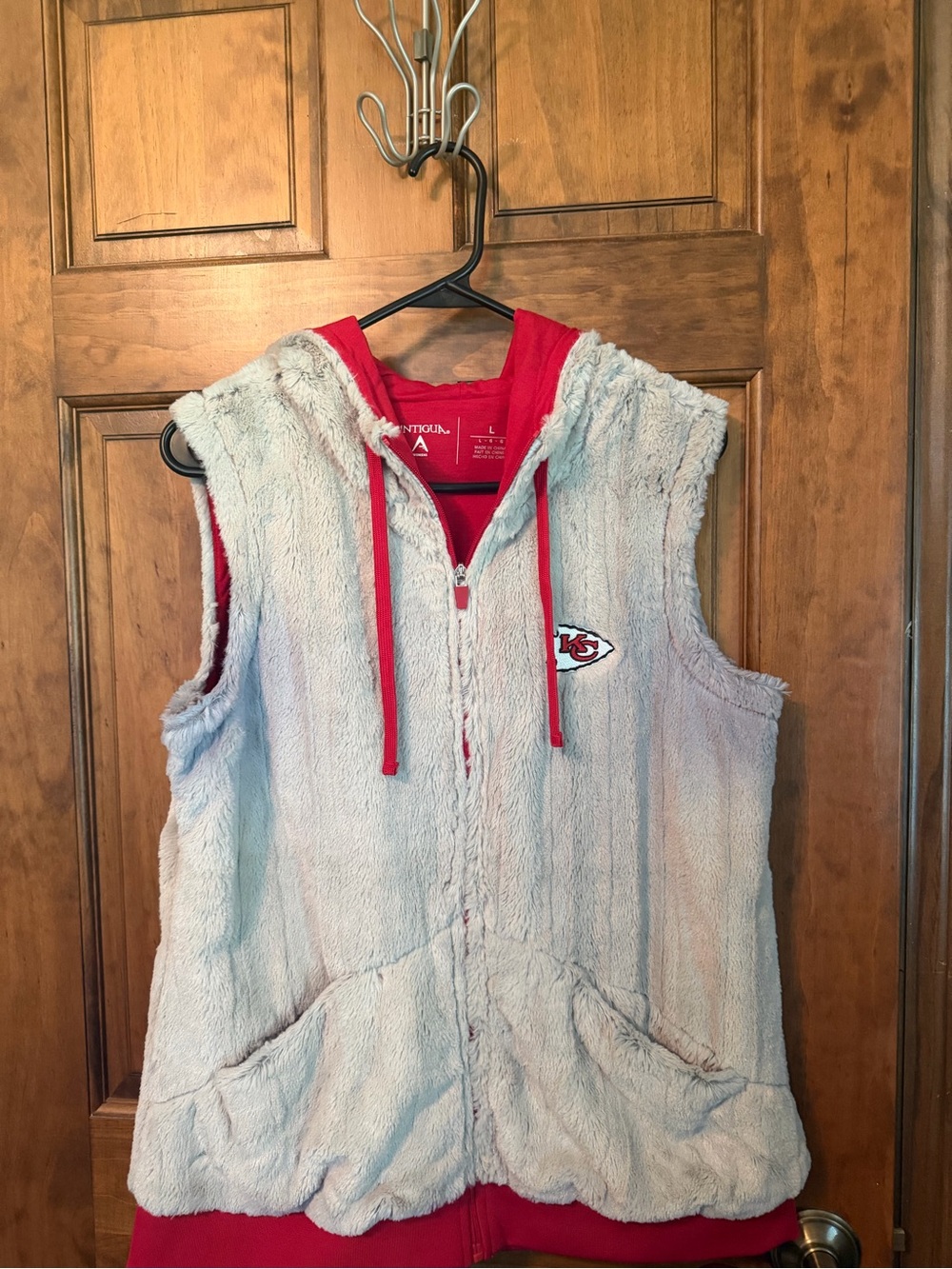 Antigua Cream Plush Hooded Vest with Red Trim